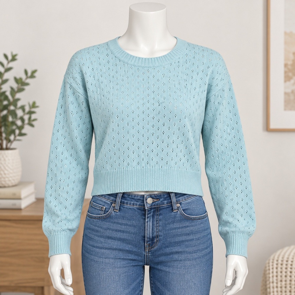 Daisy Cable Knit Sweater Womens Medium Blue Raglan Sleeve Crewneck Top